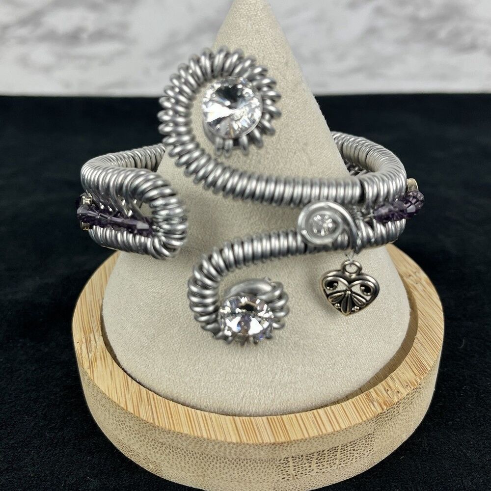 Artisan Memory Wire spiral Wrapped Cuff Bracelet Rhinestones Heart adjustable